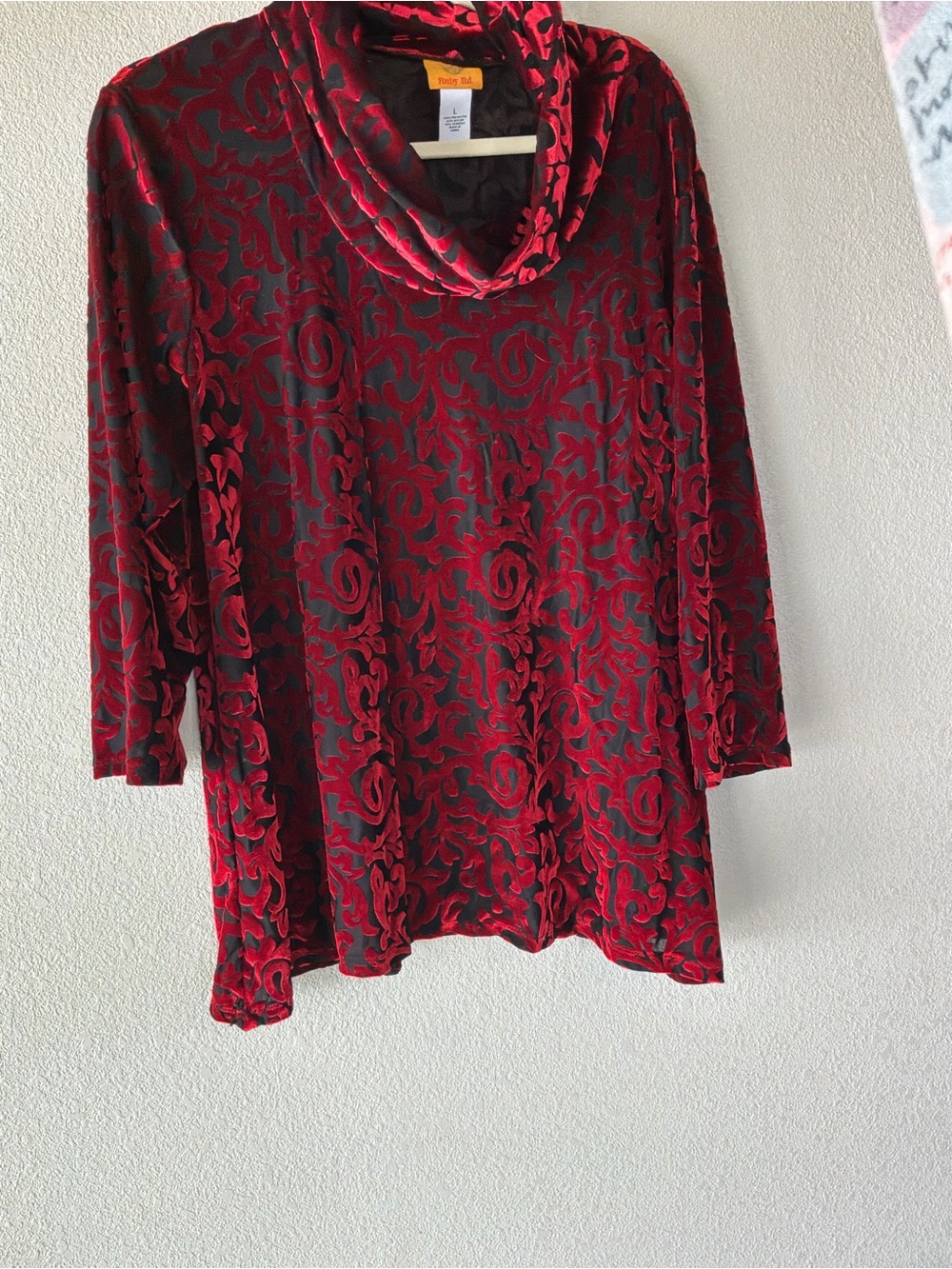 Ruby Rd. Red & Black Velvet Burnout Cowl Neck Tunic